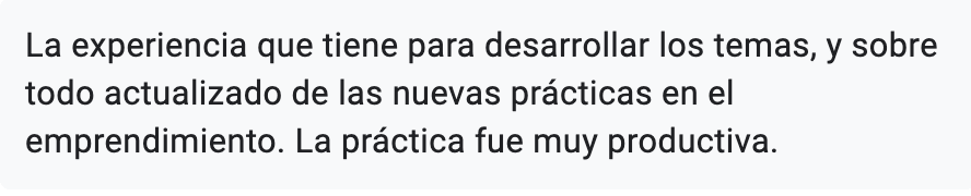 Testimonio sobre la experiencia y conocimiento actualizado de Juan Coronel en emprendimiento