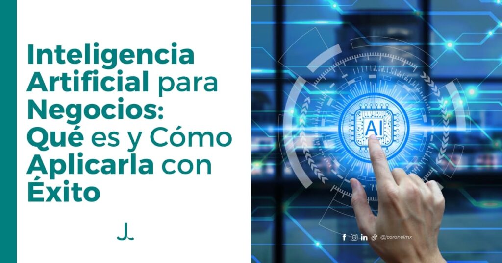 Mano tocando una interfaz digital con el símbolo de IA, representando la aplicación de inteligencia artificial en negocios.