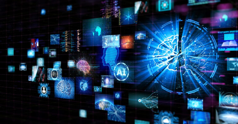 Visualización de datos digitales y cerebro artificial representando la transformación digital y la presencia online de los negocios.